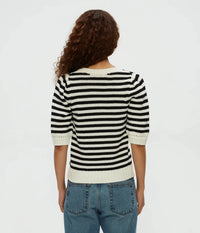 Michael Stars Rosanna Striped Puff Sleeve Sweater- Black-Hand In Pocket