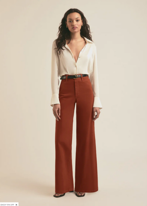 Favorite Daughter The Coated Mischa Wide Leg Pant- Equestrian Saddle- FD Trunk Show-Hand In Pocket