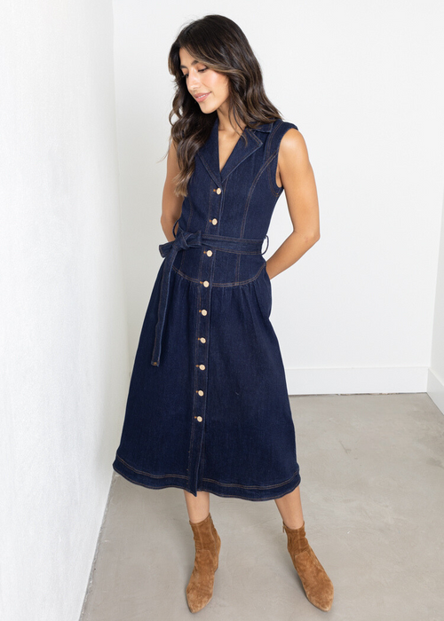 Adelyn Rae Gloria Belted Denim Shirt Midi Dress- Navy-Hand In Pocket