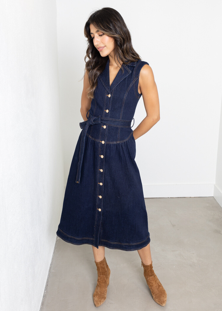 Adelyn Rae Gloria Belted Denim Shirt Midi Dress- Navy-Hand In Pocket