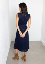 Adelyn Rae Gloria Belted Denim Shirt Midi Dress- Navy-Hand In Pocket