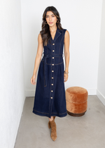 Adelyn Rae Gloria Belted Denim Shirt Midi Dress- Navy-Hand In Pocket