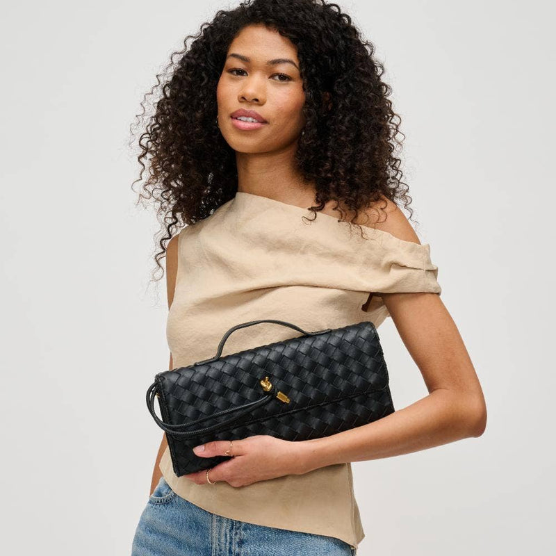 Ada Top Handle Woven Clutch Crossbody- Black-Hand In Pocket