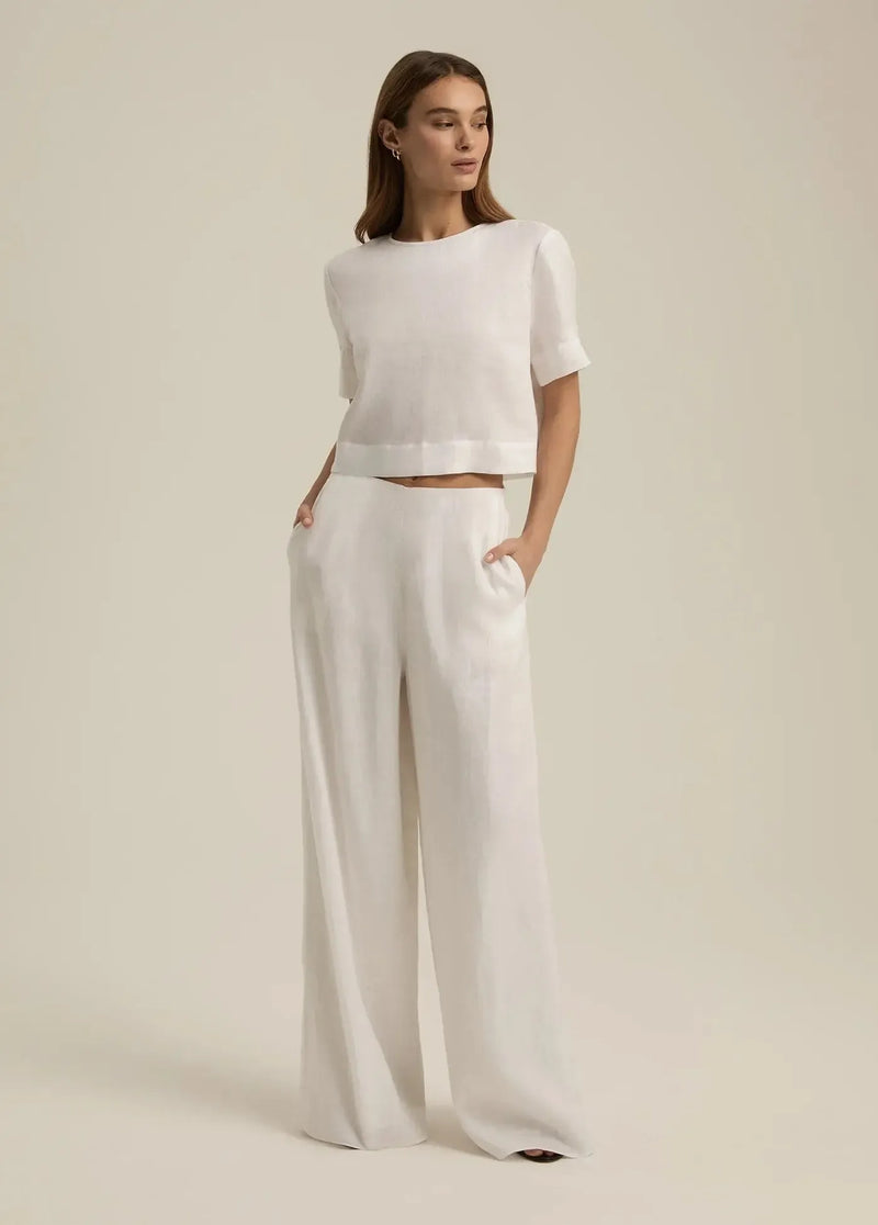 Favorite Daughter Wide Leg Linen Pant- White-Hand In Pocket