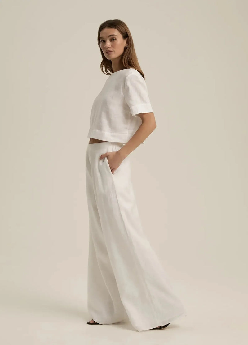 Favorite Daughter Wide Leg Linen Pant- White-Hand In Pocket