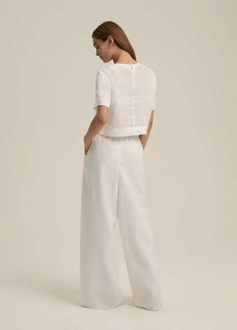 Favorite Daughter Wide Leg Linen Pant- White-Hand In Pocket