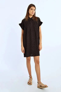 Molly Bracken Kara Gathered Shoulder Shirt Dress w/Rhinestones-Hand In Pocket