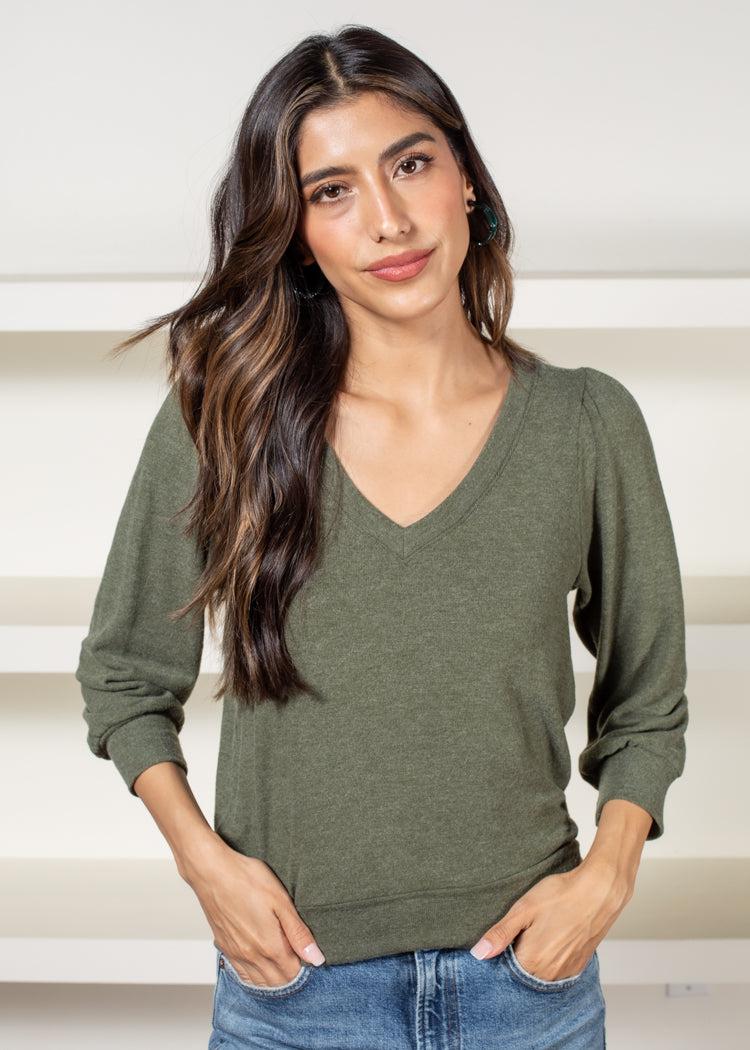 Michael Stars Gabriella V-Neck Top - Tarragon-Hand In Pocket