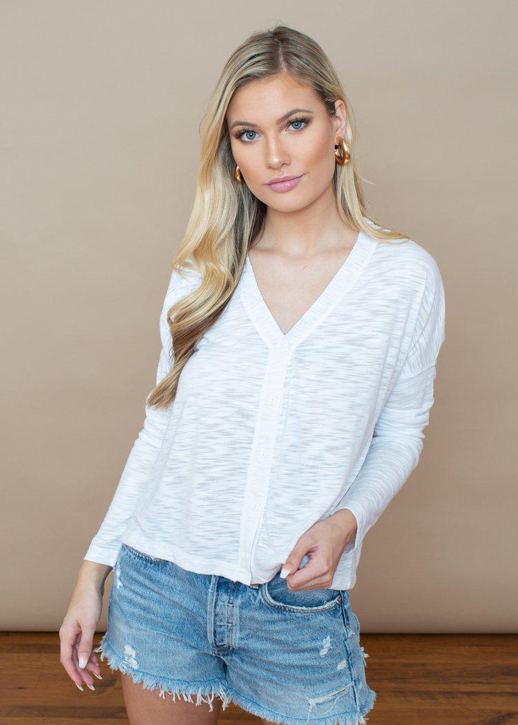 Bobi Burn Out Slub Button front Cardigan- White ***FINAL SALE***-Hand In Pocket