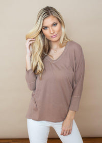 Bobi 3/4 Sleeve Hi/Lo Ribbed Contrast Tee-Java-Hand In Pocket