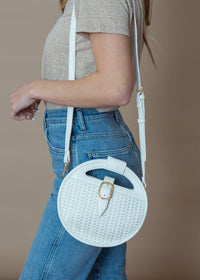 Cece White Round Woven Crossbody-Hand In Pocket