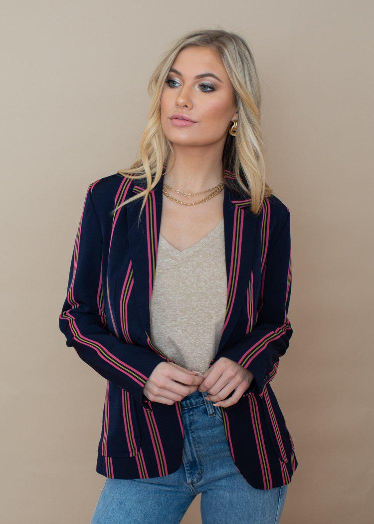 BB Dakota Pink Stripe Put a Pin in it Navy Blazer ***FINAL SALE***-Hand In Pocket