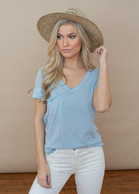 Z Supply Cotton Triblend Pocket Tee- Powder Blue-Hand In Pocket