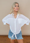 Pinch White Button Up Tie Front Sheer Blouse-Hand In Pocket