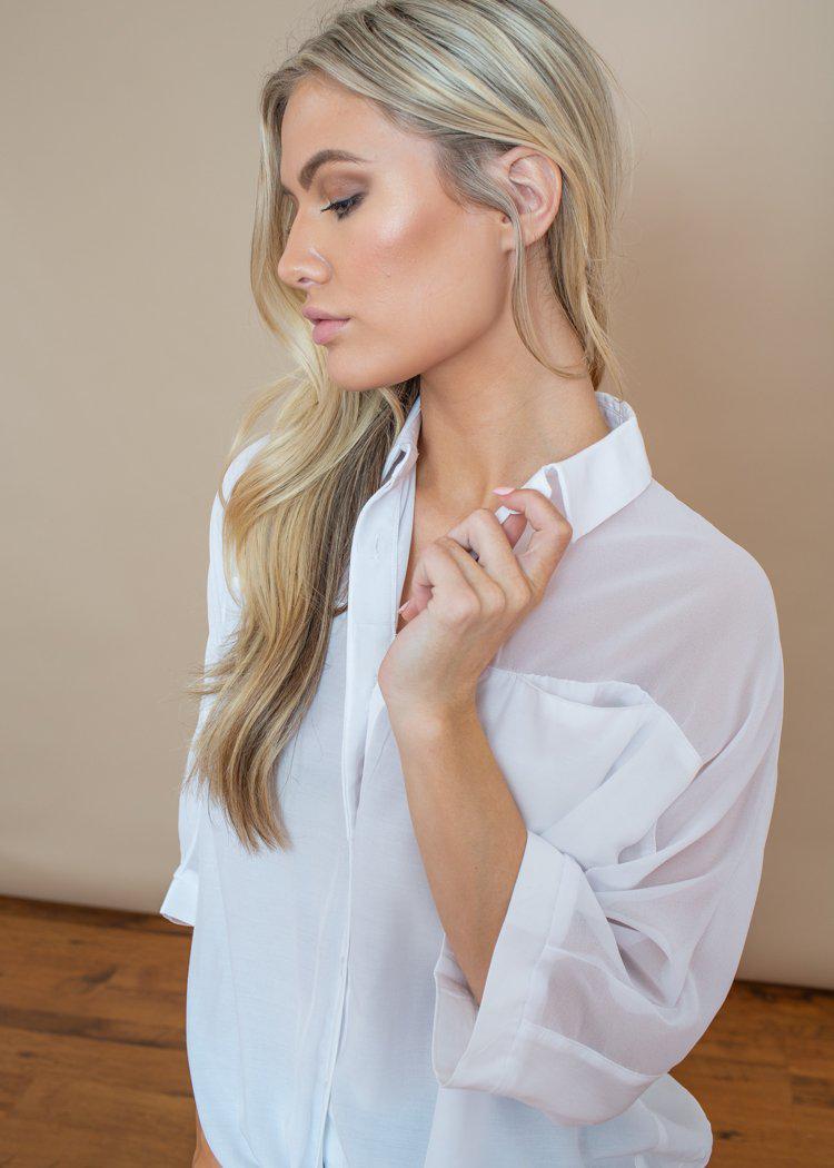 Pinch White Button Up Tie Front Sheer Blouse-Hand In Pocket