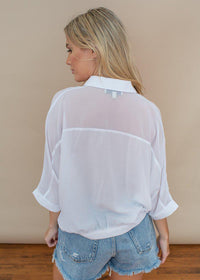 Pinch White Button Up Tie Front Sheer Blouse-Hand In Pocket