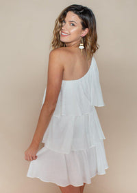 Do + Be One Shoulder White Ruffle Dress-Hand In Pocket