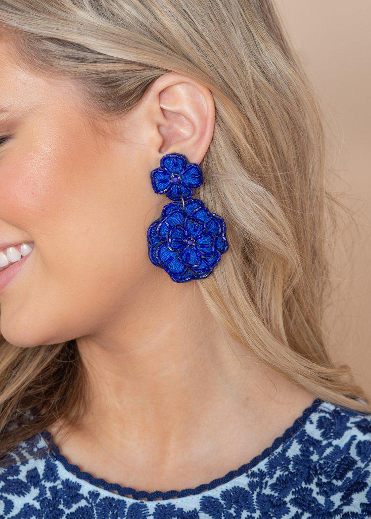 Ewa Beach Cobalt Floral Drop Earrings-Hand In Pocket