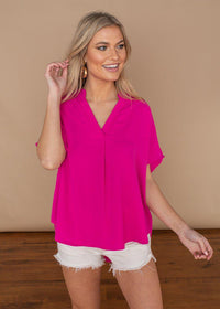 Karlie Hot Pink Essential V Neck Blouse-Hand In Pocket