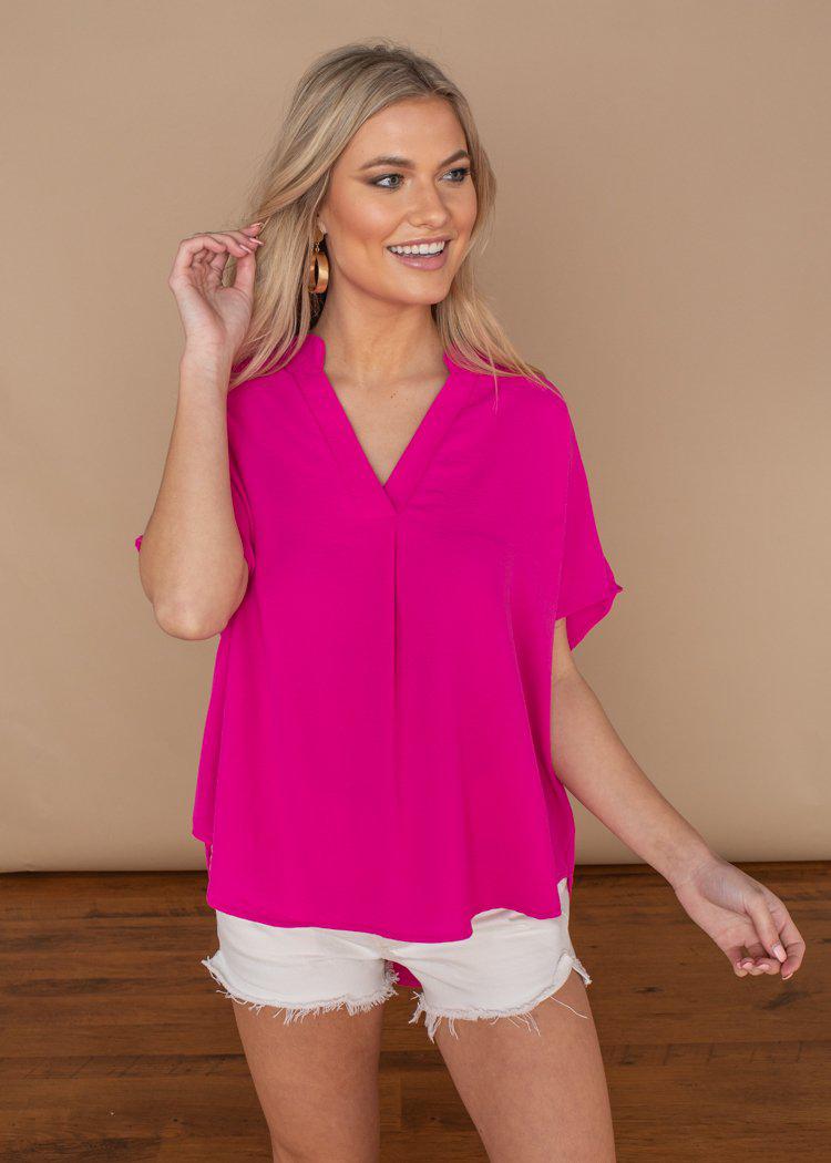 Karlie Hot Pink Essential V Neck Blouse-Hand In Pocket