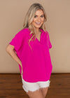 Karlie Hot Pink Essential V Neck Blouse-Hand In Pocket