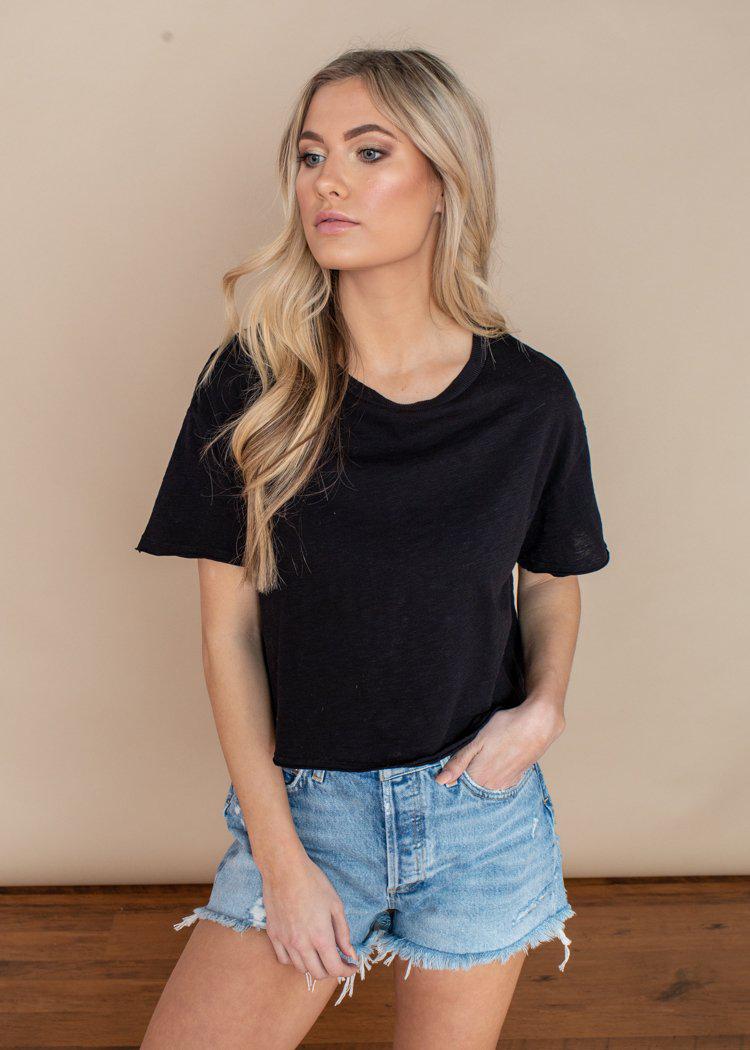 Bobi Black Short Sleeve Cropped Tee-Hand In Pocket