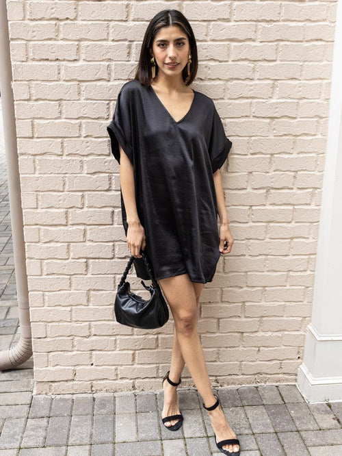 Farrah Satin V Neck Tunic/Dress-Black-Hand In Pocket