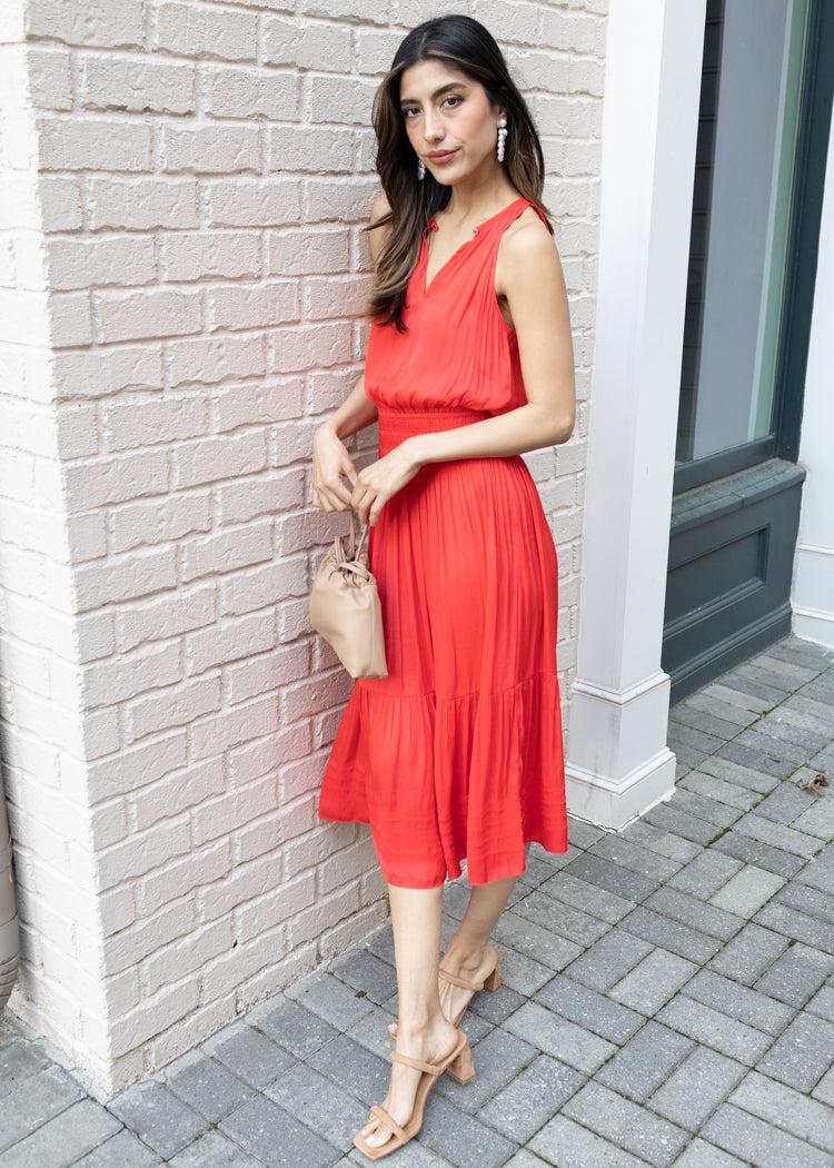 Ventanas Halter Midi Dress-Red-Hand In Pocket