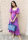 Serena Puff Sleeve A Line Dress-Fuchsia-Hand In Pocket