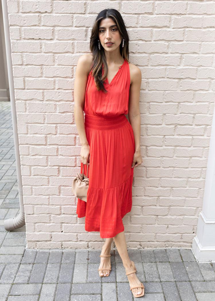 Ventanas Halter Midi Dress-Red-Hand In Pocket