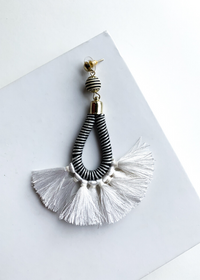 Zahara Black and White Striped Fringe Drop Earrings-Hand In Pocket