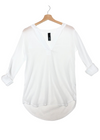 Bobi Gauzy Split Neck Roll Up Sleeve Top- White-Hand In Pocket