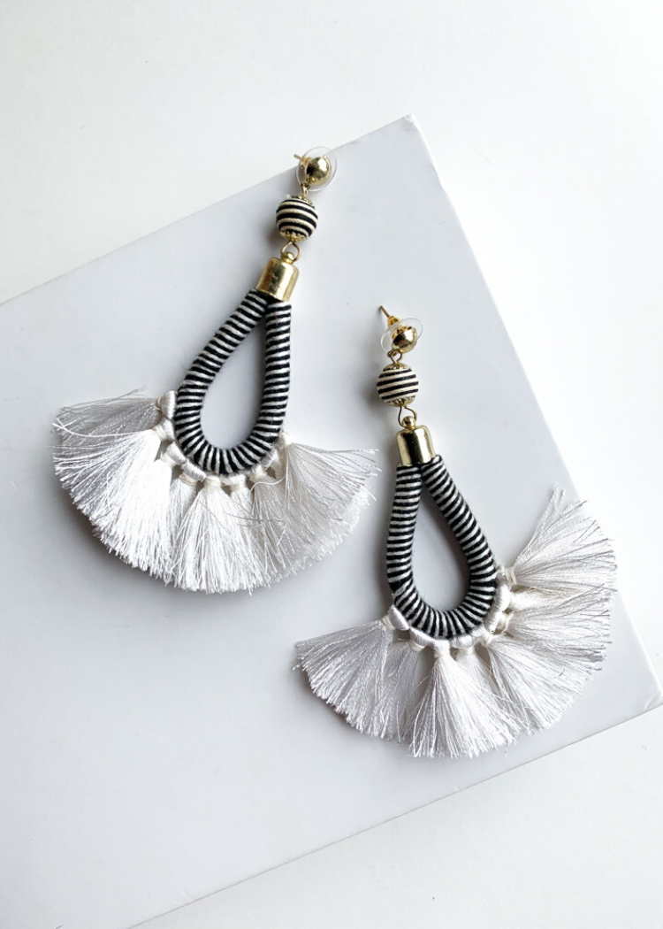 Zahara Black and White Striped Fringe Drop Earrings-Hand In Pocket