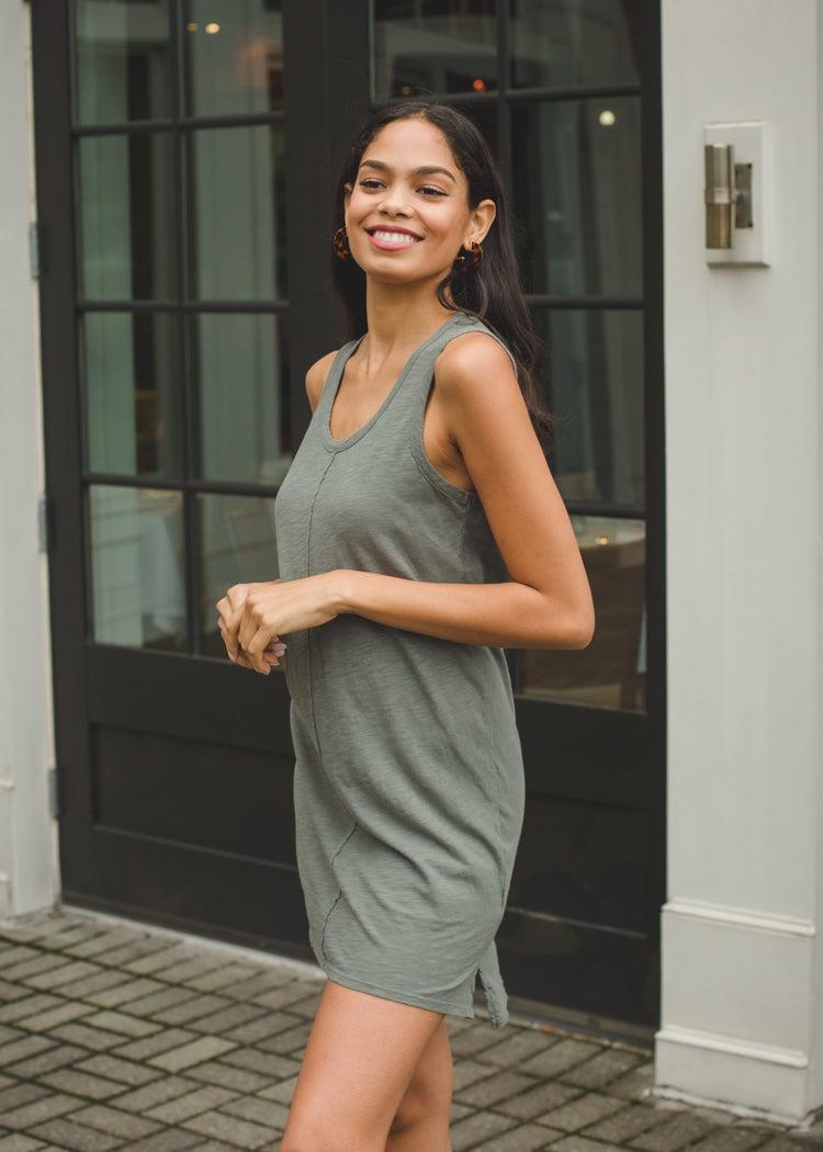 Bobi Scoop Neck Slub Cotton Tank Dress - Dark Sage-***FINAL SALE***-Hand In Pocket