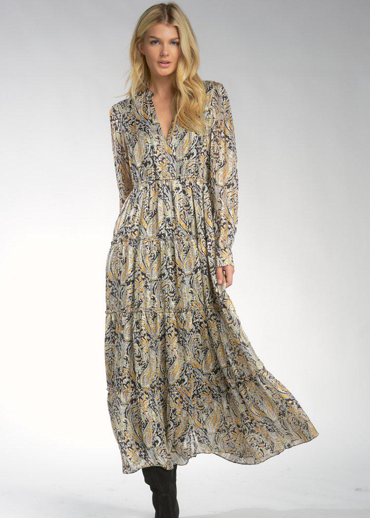 Dayna Paisley Tiered Long Sleeve Maxi Dress-Hand In Pocket