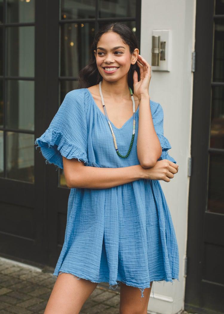 Stark X Frayed Hem Disco Babydoll Short Sleeve Ruffled Dress-Azure***FINAL SALE***-Hand In Pocket