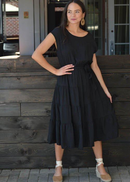 Valdivian Tiered Tie Waist Midi Dress - Black-Hand In Pocket