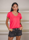 Bobi Basic V-Neck Center Seam Tee- Raspberry-Hand In Pocket