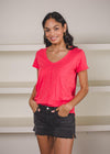 Bobi Basic V-Neck Center Seam Tee- Raspberry-Hand In Pocket