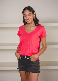 Bobi Basic V-Neck Center Seam Tee- Raspberry-Hand In Pocket