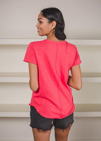 Bobi Basic V-Neck Center Seam Tee- Raspberry-Hand In Pocket