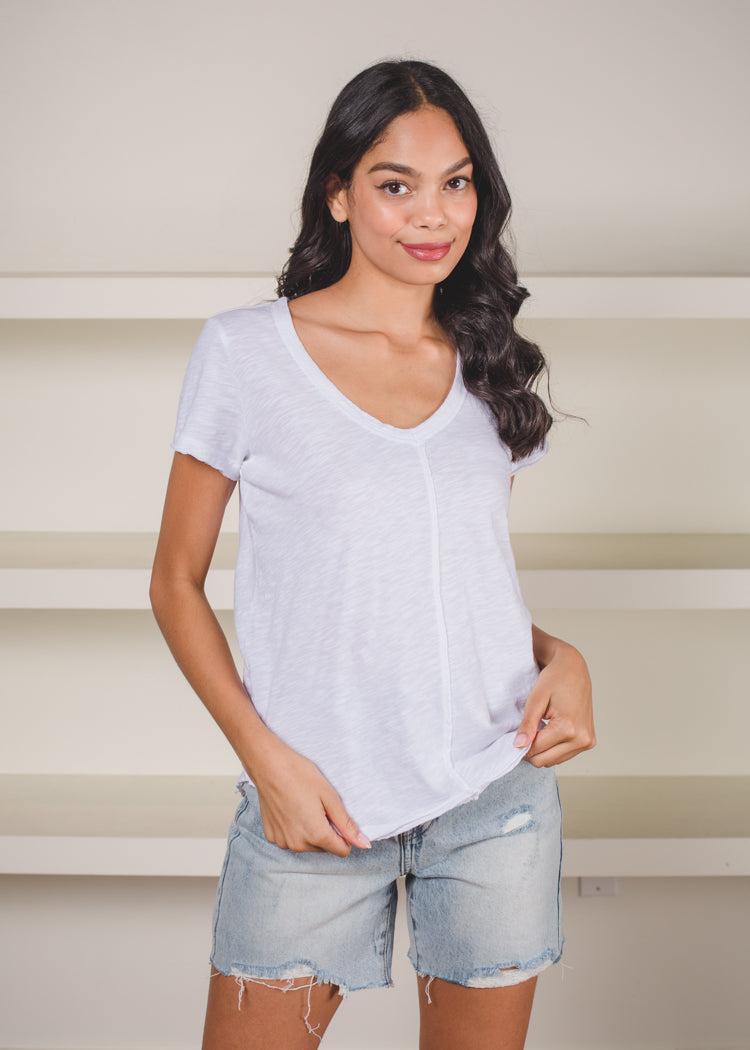 Bobi Basic V-Neck Center Seam Tee- White-Hand In Pocket