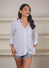 Stark X 3/4 Sleeve Split V Neck Gauze Blouse-White-Hand In Pocket