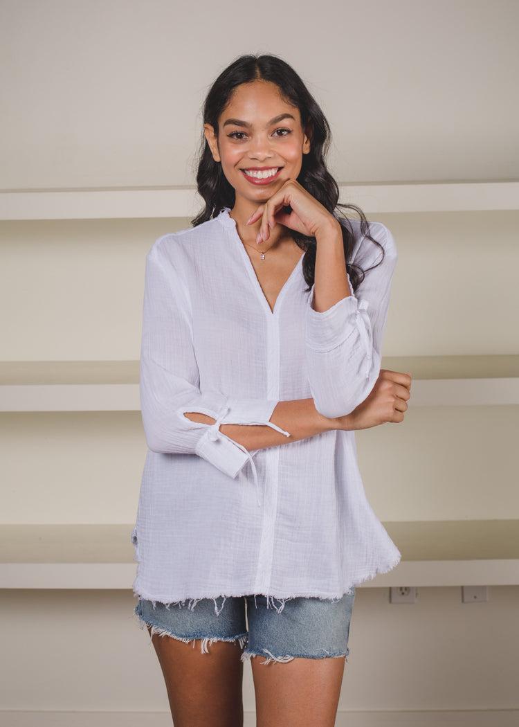 Stark X 3/4 Sleeve Split V Neck Gauze Blouse-White-Hand In Pocket