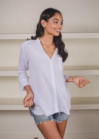 Stark X 3/4 Sleeve Split V Neck Gauze Blouse-White-Hand In Pocket