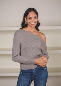 Line + Dot Blair Off Shoulder Sweater- Grey-Hand In Pocket