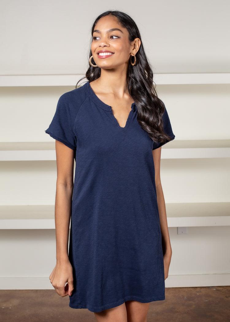 Bobi V Neck French Terry Tee Dress-Navy-Hand In Pocket