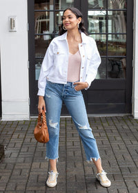 Blank NYC Head In The Clouds Denim Jacket-White-Hand In Pocket