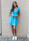 Bobi Short Sleeve V Neck Center Seam T-shirt Dress - Aquatic-Hand In Pocket