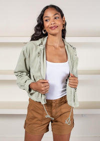 Blank NYC Smoke Green Bomber Jacket-Hand In Pocket